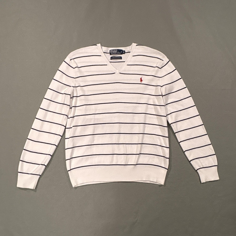 Polo Ralph Lauren Sweater Men Medium White V-Neck Cotton Striped Lightweight